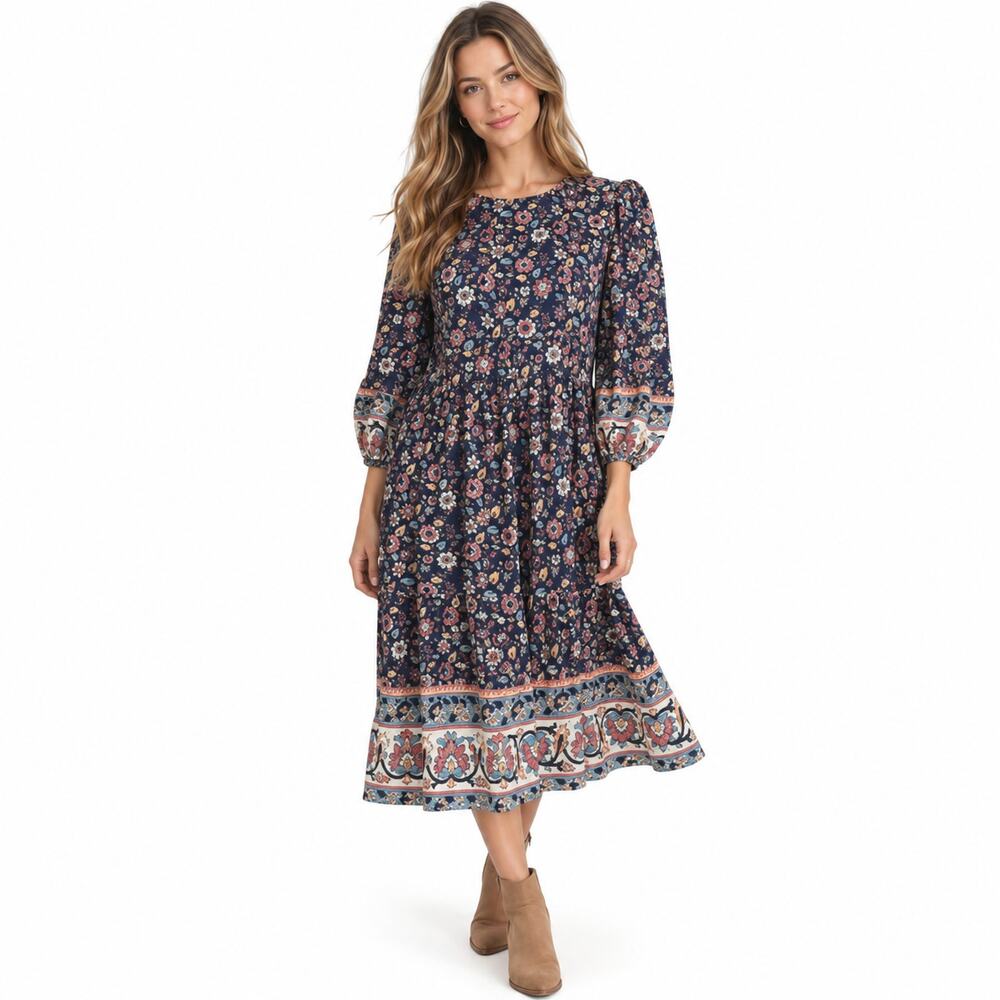BeBop Floral Border Print Swing Dress Medium Navy Boho Bell Sleeve Cottagecore